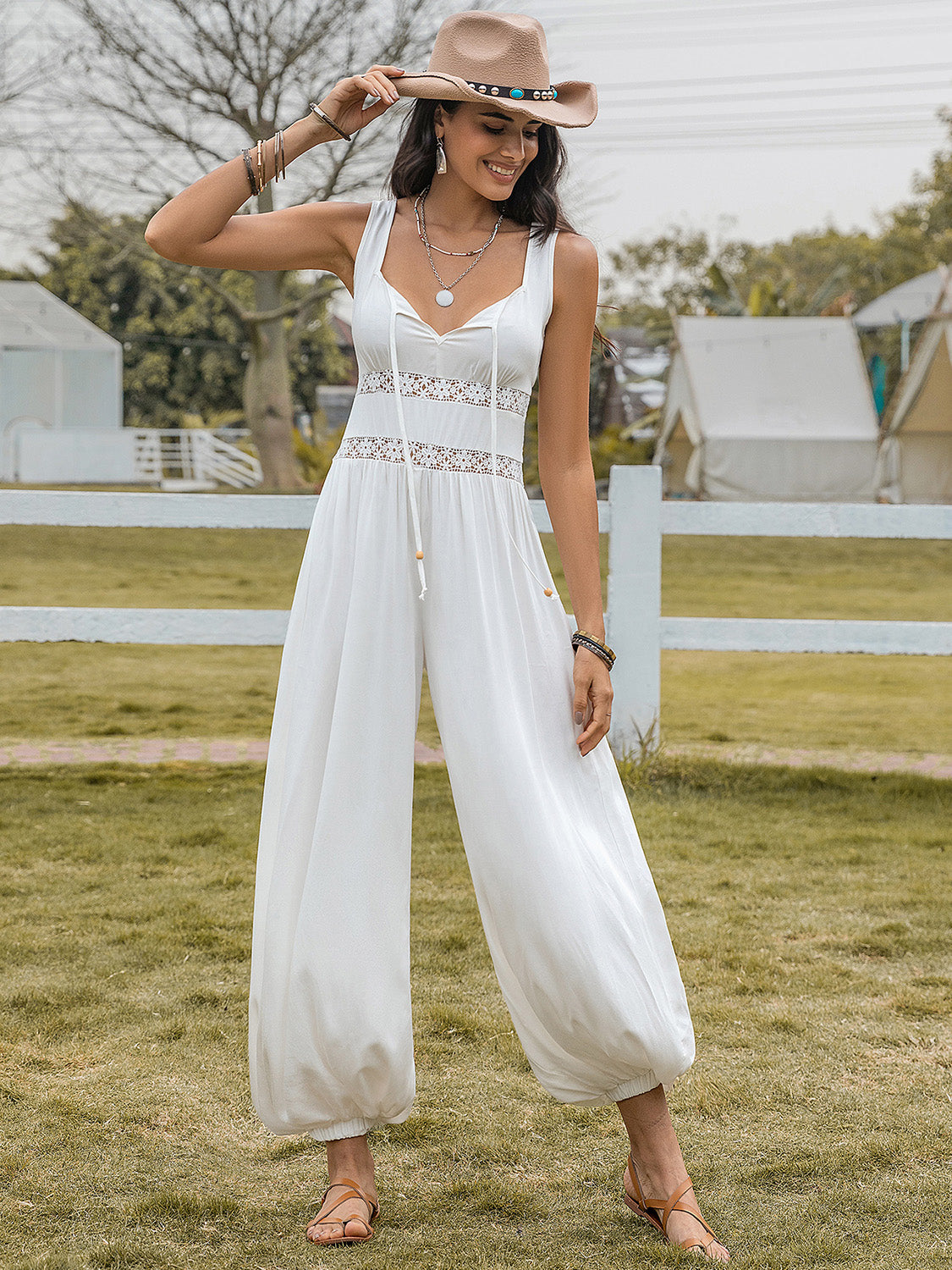 Trendsi Backless Wide Strap Wide Leg Boho Jumpsuit Spirit and Rebel White M