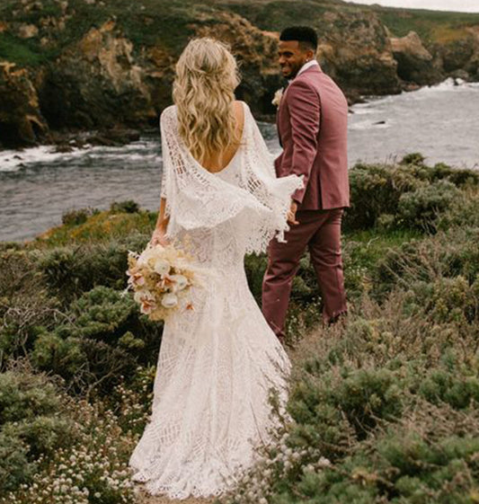 Boho Wedding Couple, Woman in white lace boho wedding dress