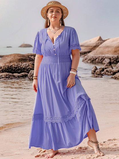 Plus Size Lace Detail Tie Neck Short Sleeve Maxi Boho Dress - Spirit and Rebel [Spirit and Rebel]   