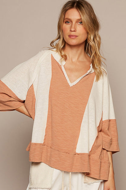 Notched Frayed Edge Contrast Boho Top - Spirit and Rebel [Spirit and Rebel] Natural/Topaz S 