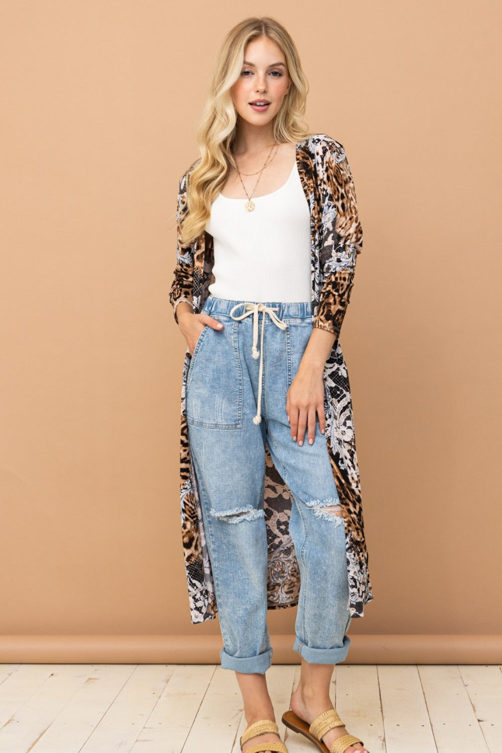 Spirit and Rebel Leopard Kimono Open Front Longline Boho Cardigan [Spirit and Rebel] Leopard S 