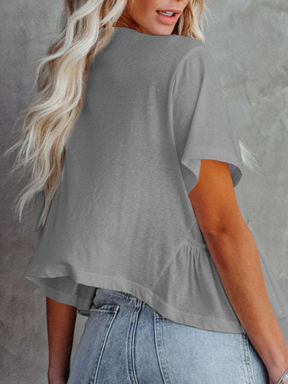 Tied Plunge Short Sleeve Boho Blouse - Spirit and Rebel [Spirit and Rebel] Gray S 