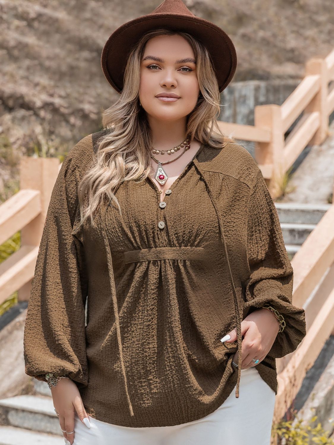 Plus Size Tie Neck Long Sleeve Boho Blouse - Spirit and Rebel [Spirit and Rebel] Coffee Brown 0XL 