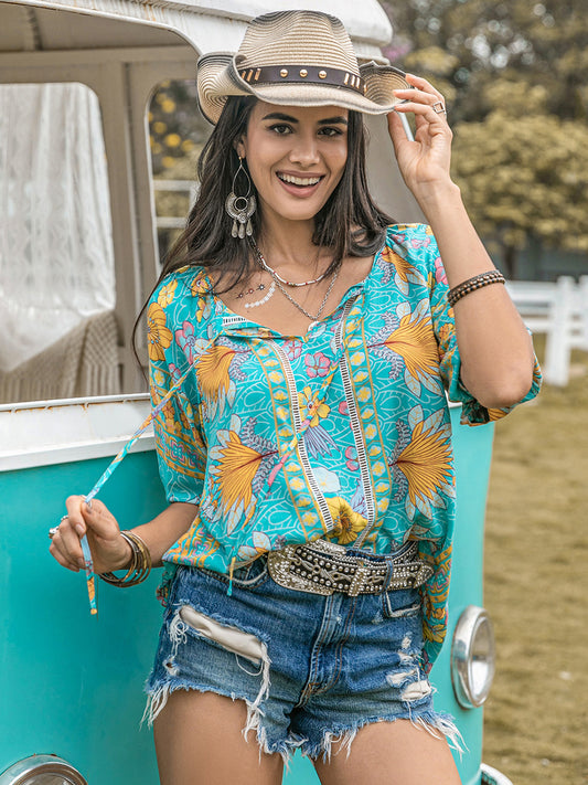 Printed Tie Neck Half Sleeve Boho Blouse - Spirit and Rebel [Spirit and Rebel] Tiffany Blue S 