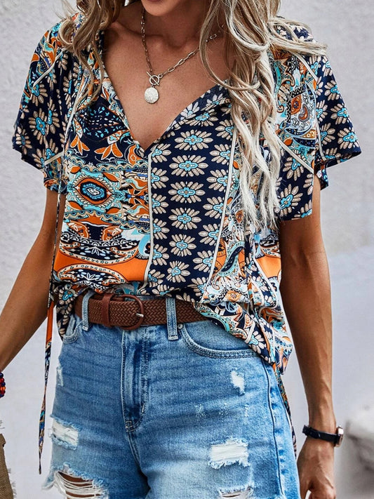 Printed Tie Neck Short Sleeve Boho Blouse - Spirit and Rebel [Spirit and Rebel] Indigo S 