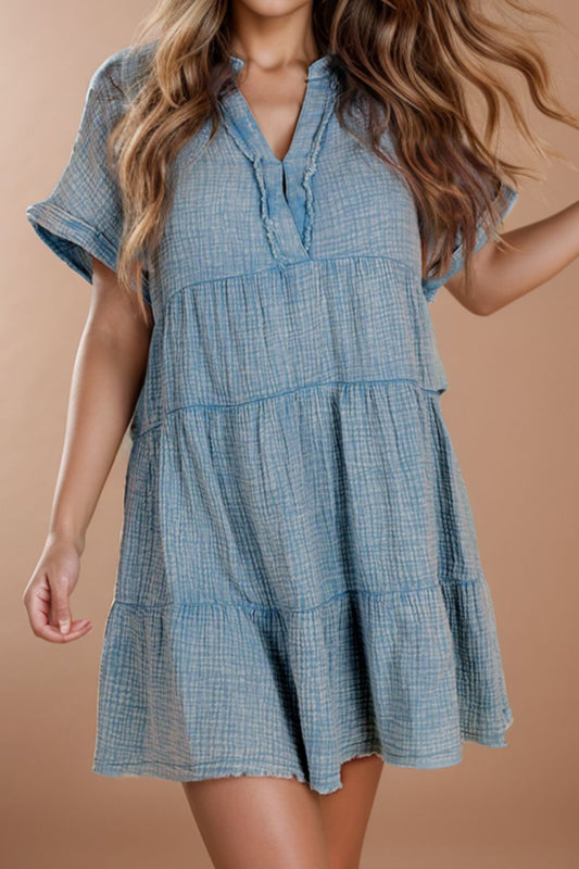 Tiered Notched Short Sleeve Dres - Spirit and Rebel [Spirit and Rebel] Light Blue S 