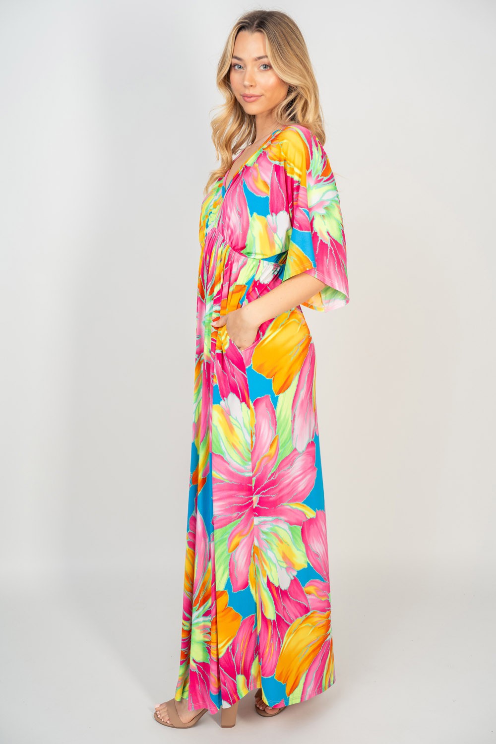 White Birch Printed V-Neck Maxi Dress with Pockets [Spirit and Rebel]   