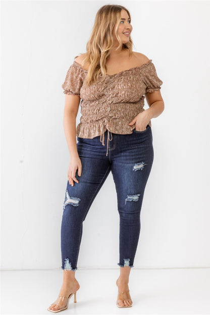 Plus Size Frill Ruched Off-Shoulder Short Sleeve Boho Blouse - Spirit and Rebel [Spirit and Rebel]   