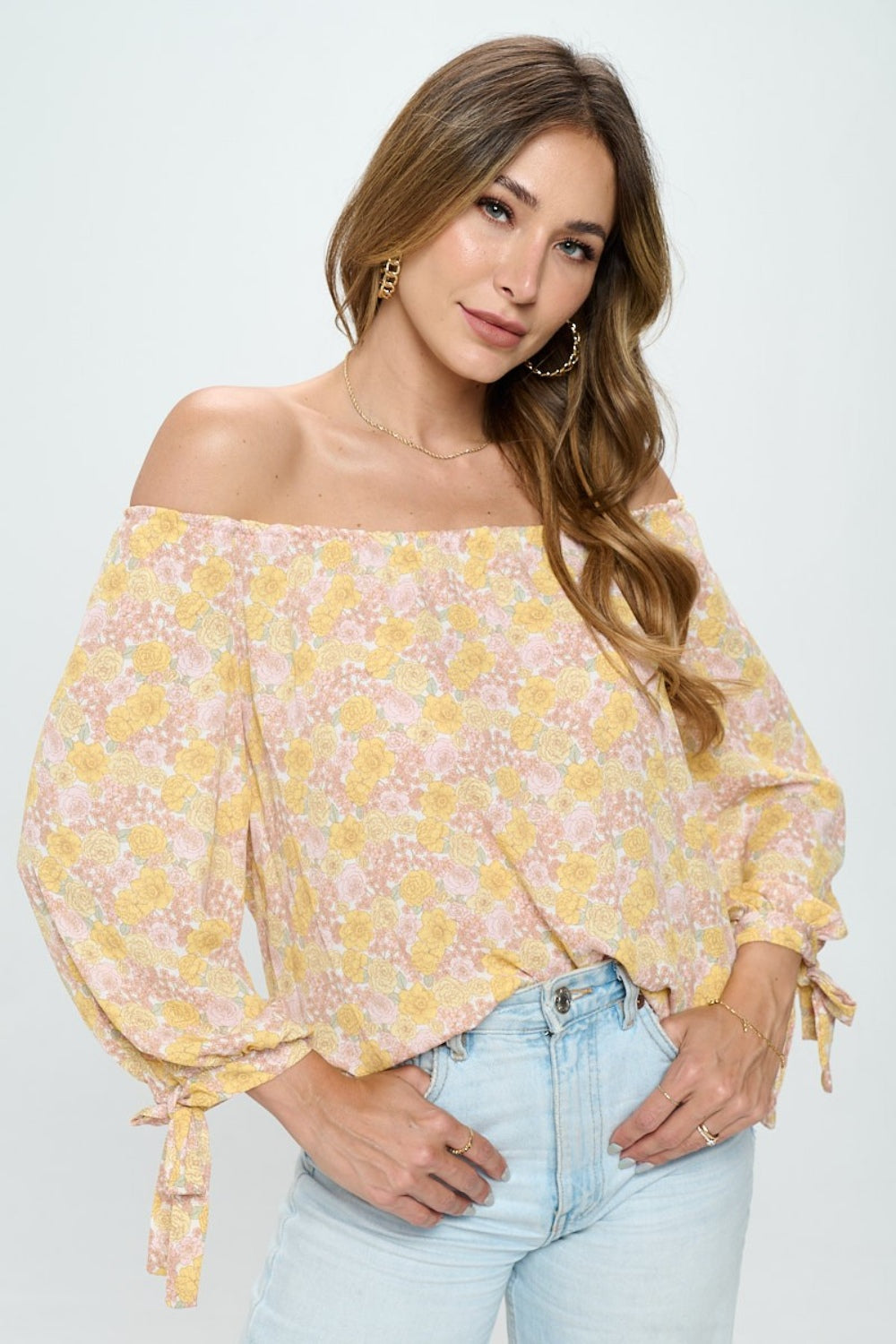 RENEE C Floral Off-Shoulder Long Sleeve Boho Blouse [Spirit and Rebel] Yellow/Multi S 