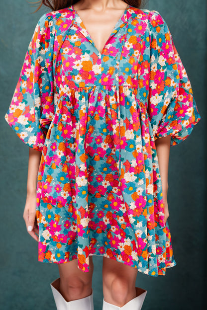 Floral Tie Neck Puff Sleeve Boho Mini Dress [Spirit and Rebel]   