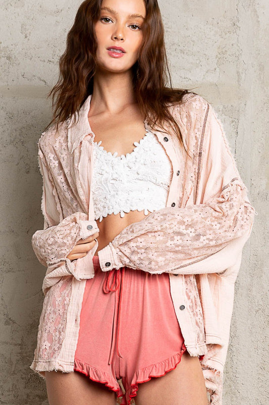 Oversize Lace Button-Down Boho Shirt - Spirit and Rebel [Spirit and Rebel] Baby Pink S 