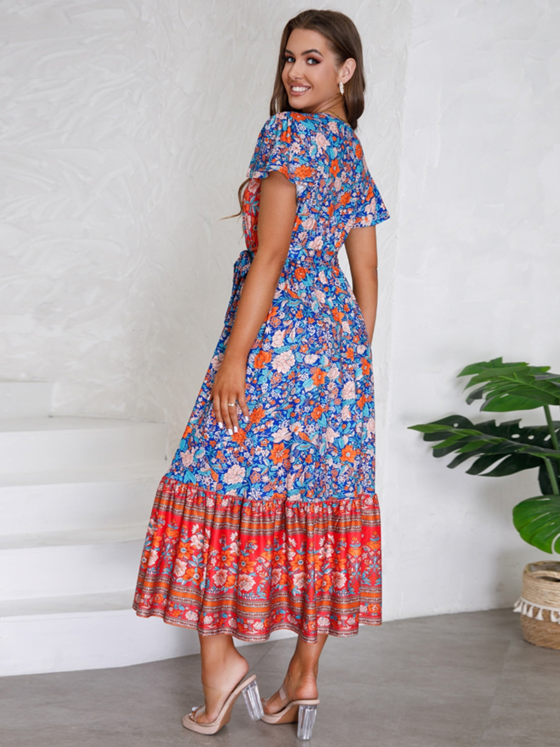 Tied Printed V-Neck Short Sleeve Boho Wedding Guest Dress [Spirit and Rebel]   