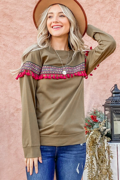 Spirit and Rebel Ethnic Ribbon Tassel Trim Boho Top [Spirit and Rebel]   