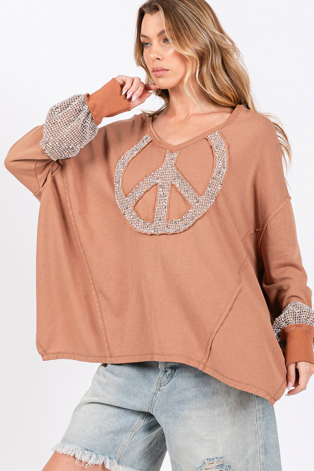 Spirit and Rebel Peace Sign Mineral Wash Terry Boho Top [Spirit and Rebel]   