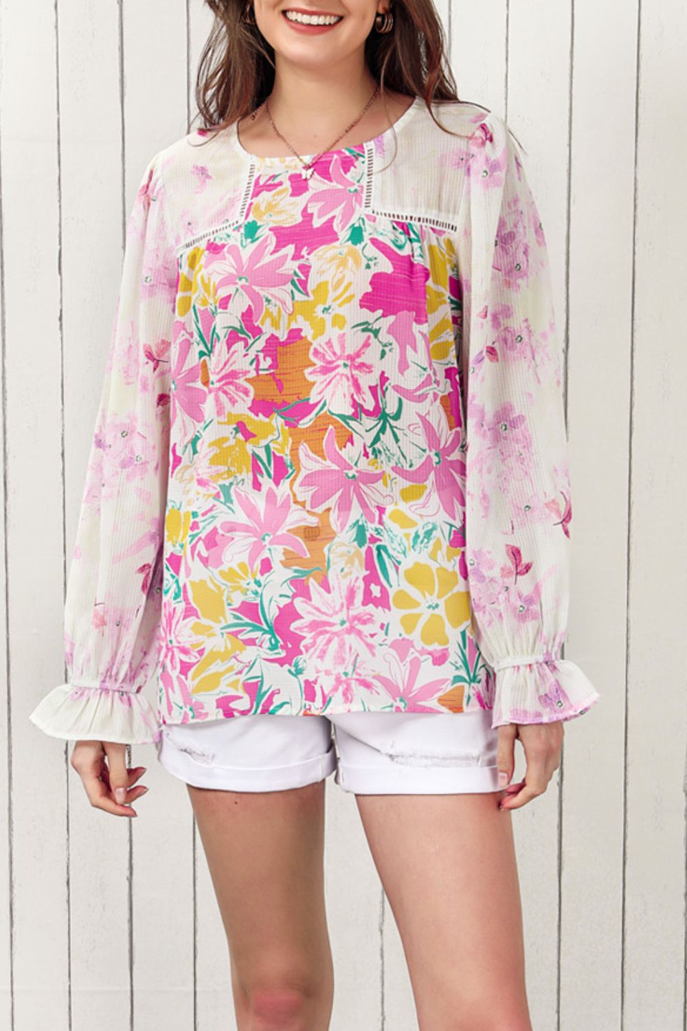 Floral Round Neck Flounce Sleeve Blouse [Spirit and Rebel]