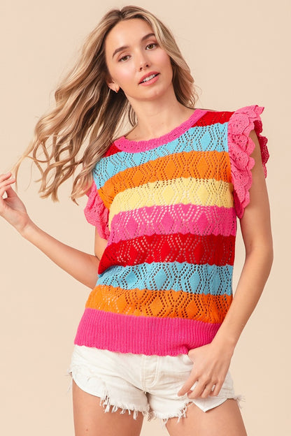 Pointelle Striped Ruffled Knit Boho Top - Spirit and Rebel [Spirit and Rebel]   