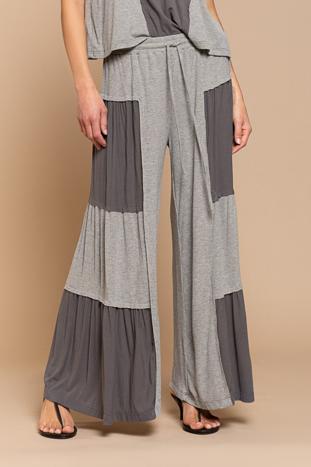 Ribbed Contrast Wide Leg Boho Pants - Spirit and Rebel [Spirit and Rebel] Grey S 