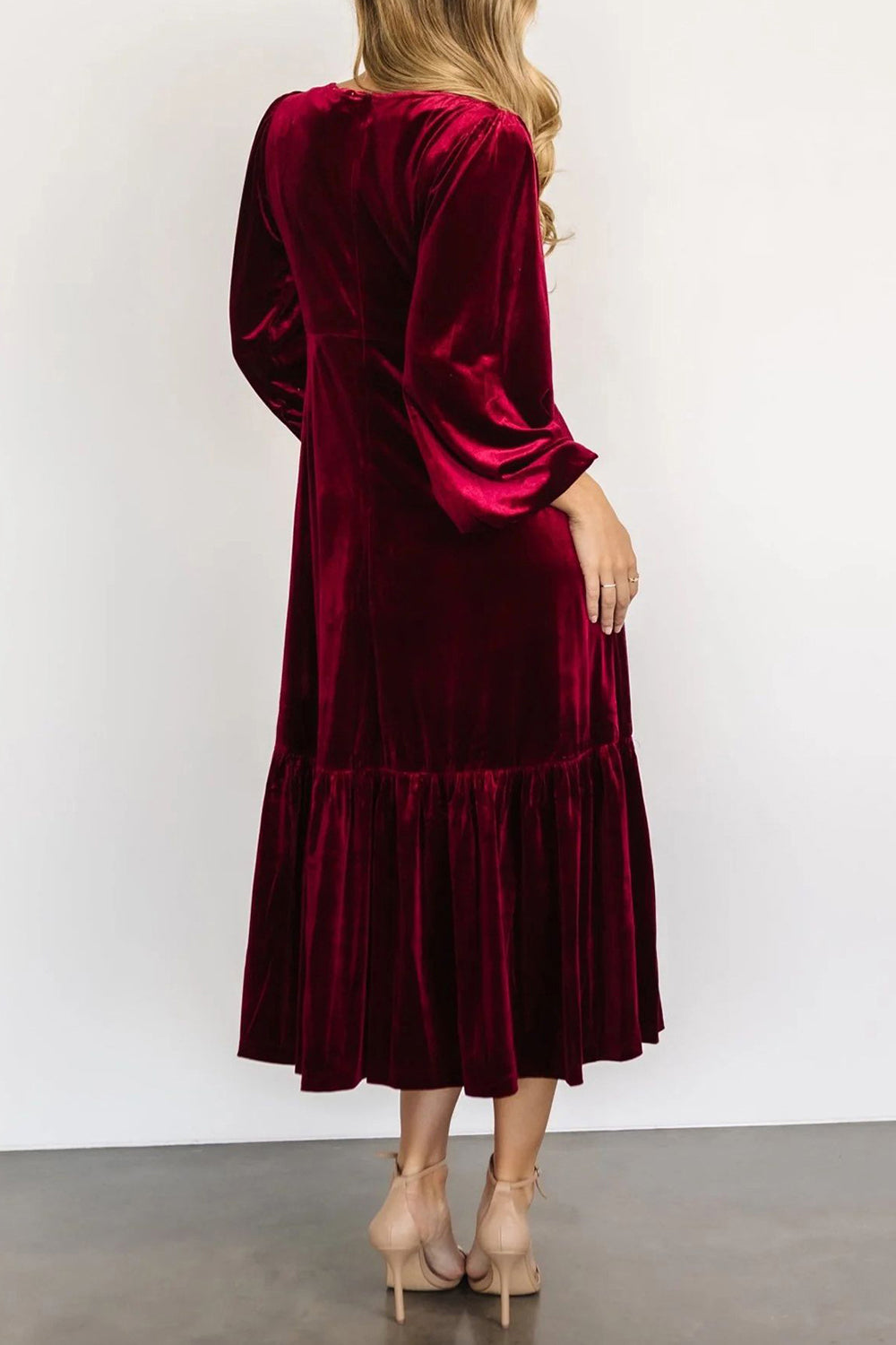 V-Neck Long Sleeve Midi Velvet Dress [Spirit and Rebel]