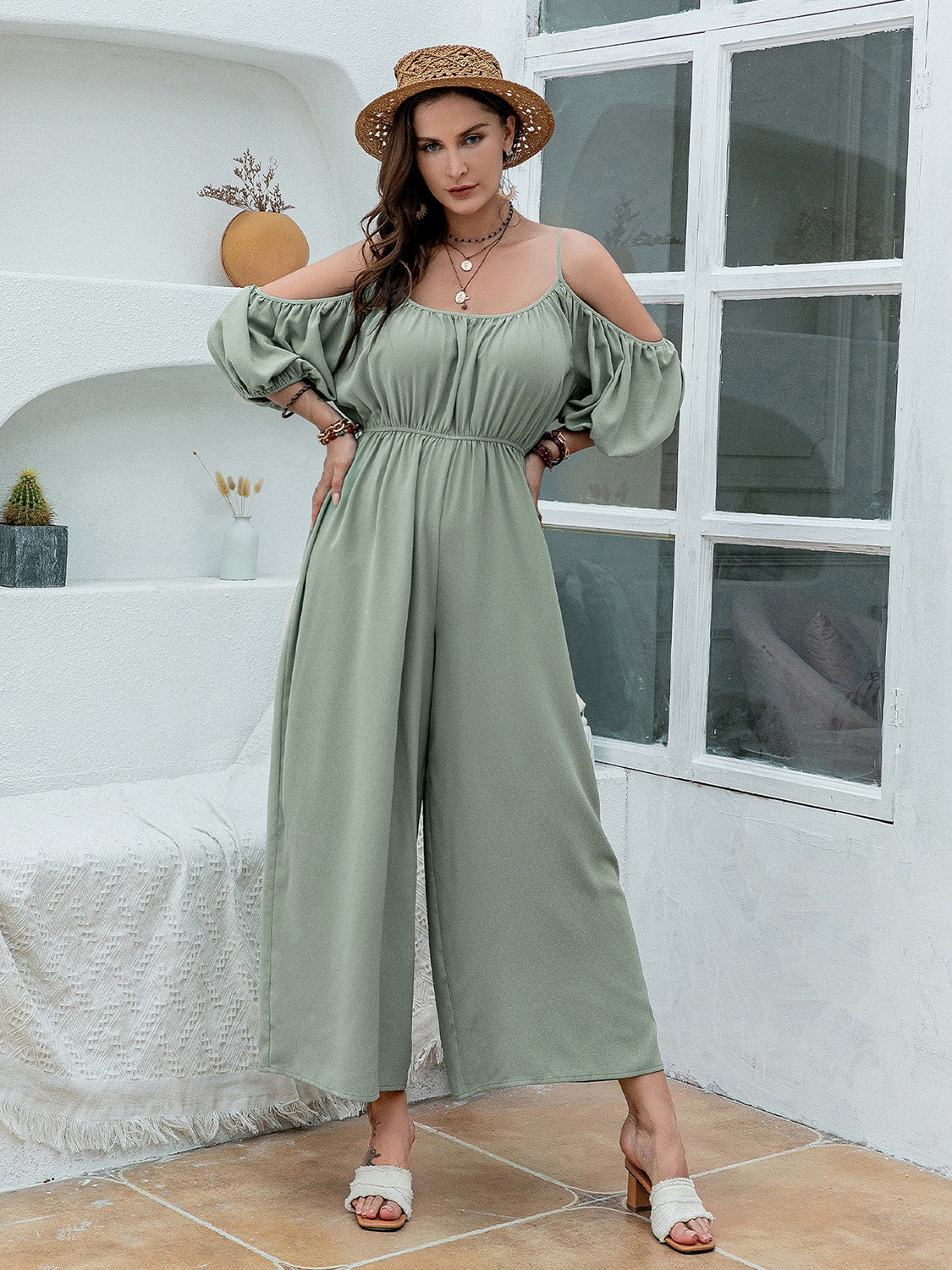 Spirit and Rebel Spaghetti Strap Wide Leg Boho Jumpsuit [Spirit and Rebel] Sage 0XL 