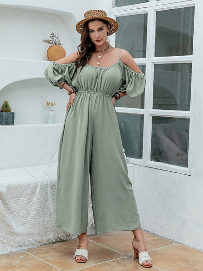 Spirit and Rebel Spaghetti Strap Wide Leg Boho Jumpsuit [Spirit and Rebel] Sage 0XL 