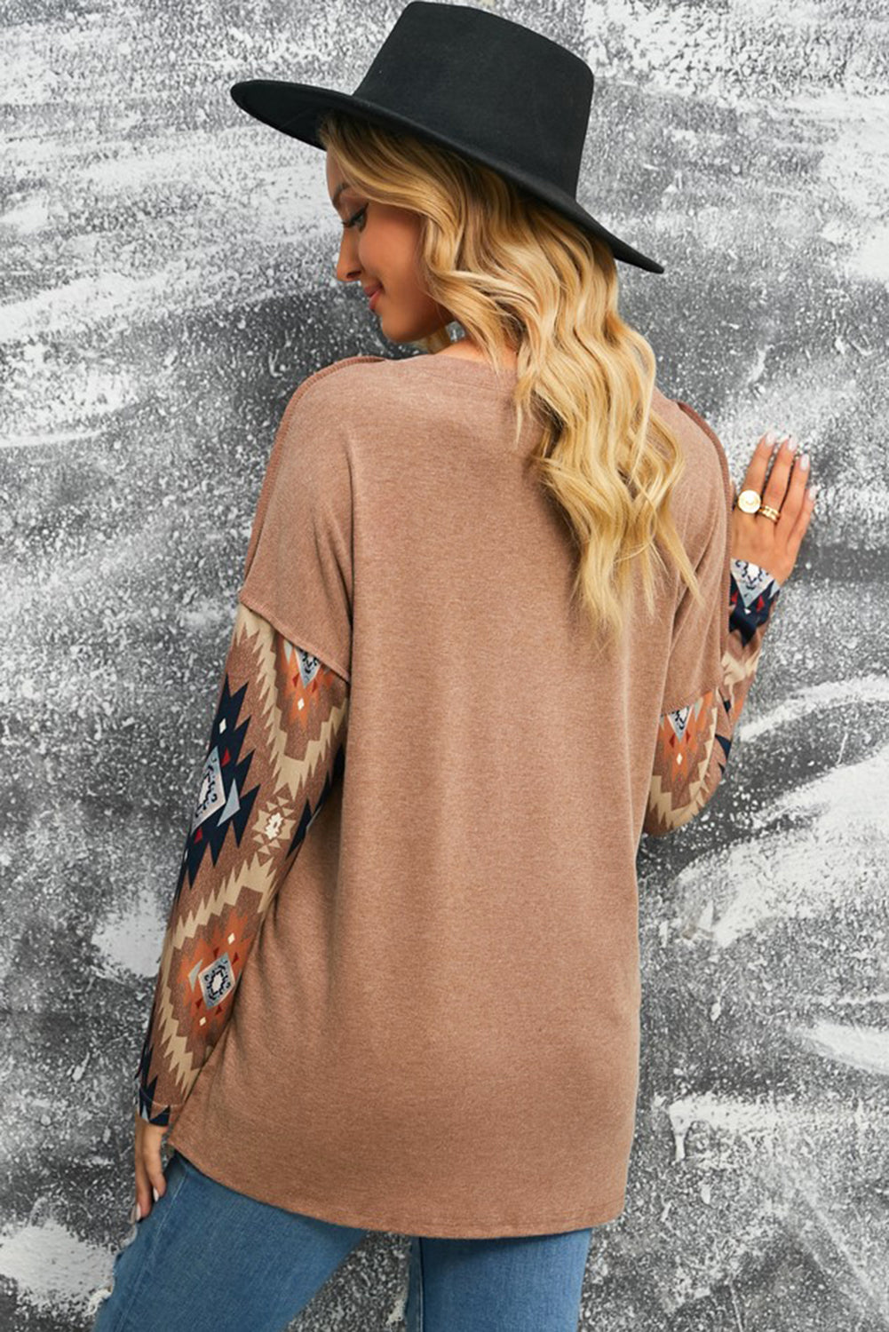 Brown Western Print Buttoned V Neck Top [Spirit and Rebel]   