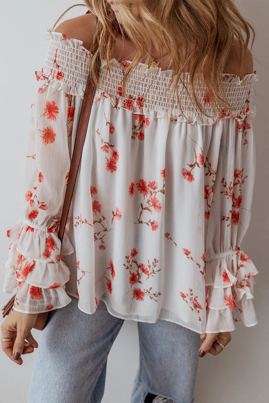 Printed Off-Shoulder Long Sleeve Bohemian Blouse - Spirit and Rebel [Spirit and Rebel] White S 