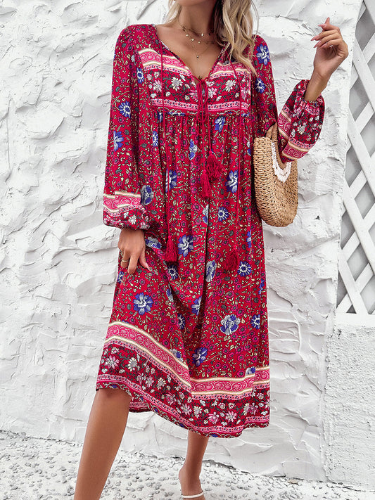 Tassel Tied Printed Long Sleeve Boho Dress [Spirit and Rebel] Red S 