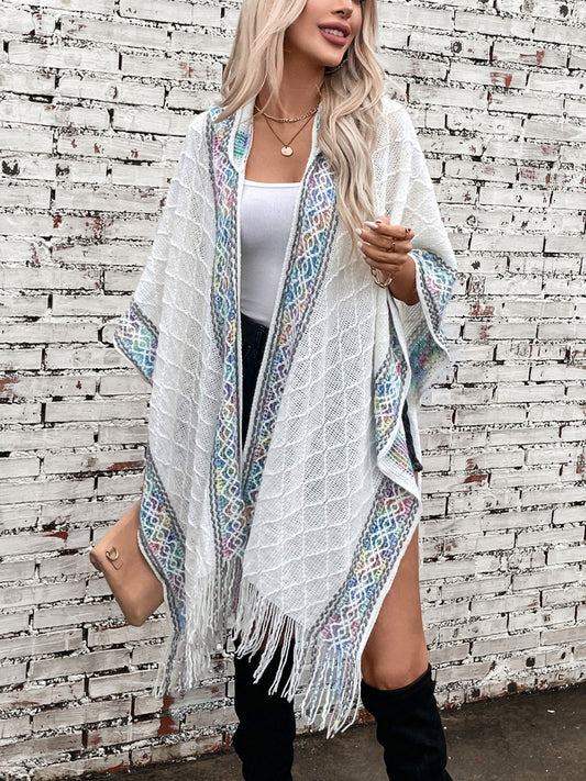 Fringe Half Sleeve Hooded Poncho - Spirit and Rebel [Spirit and Rebel] White One Size 