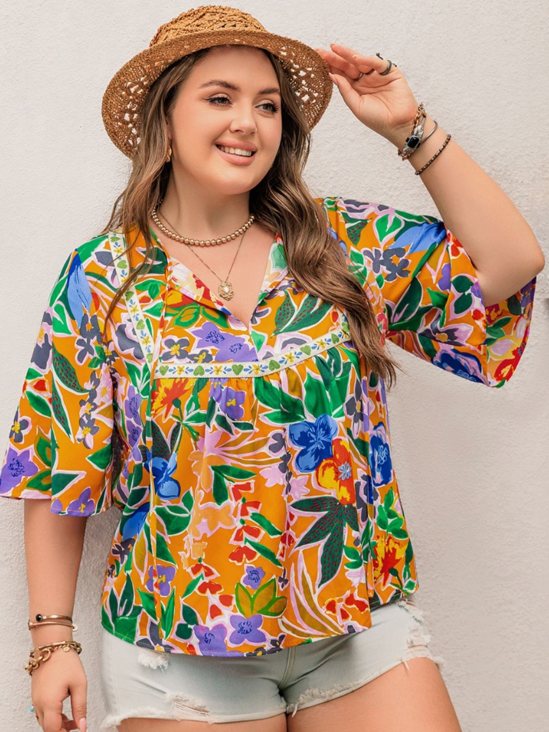 Plus Size Printed Tie Neck Half Sleeve Boho Blouse - Spirit and Rebel [Spirit and Rebel]   