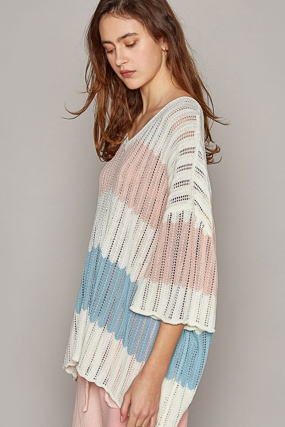 V-Neck Short Sleeve Stripe Weave Boho Sweater - Spirit and Rebel [Spirit and Rebel]   