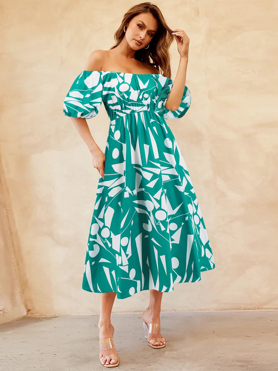 Printed Off-Shoulder Balloon Sleeve Dress [Spirit and Rebel]   