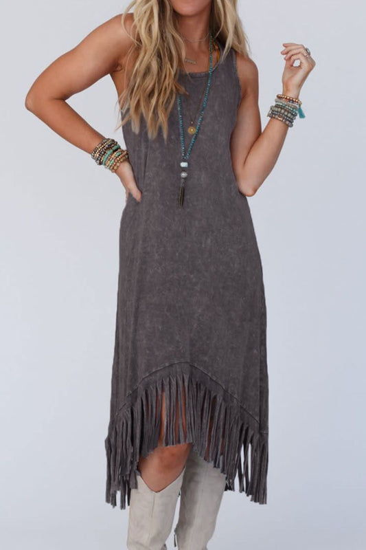 Tassel Round Neck Sleeveless Midi Dress [Spirit and Rebel] Charcoal S 