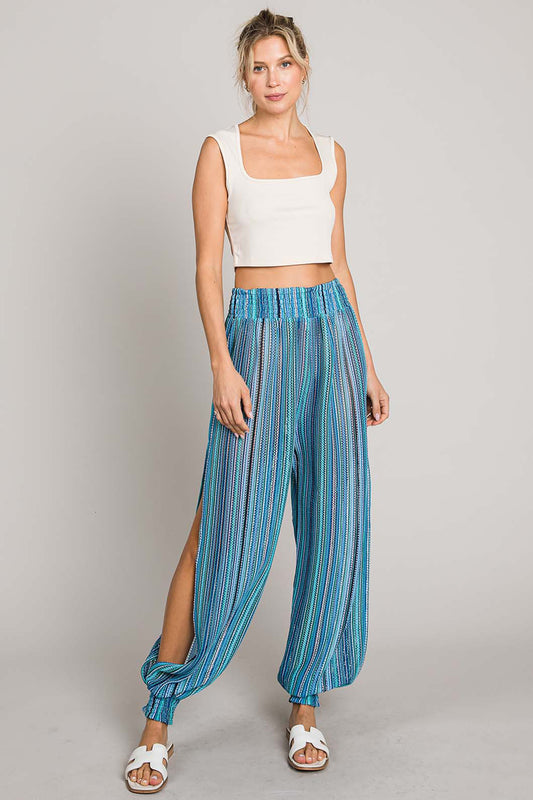 Cotton Bleu by Nu Label Striped Smocked Boho Cover Up Boho Pants - Spirit and Rebel [Spirit and Rebel] Aqua S 