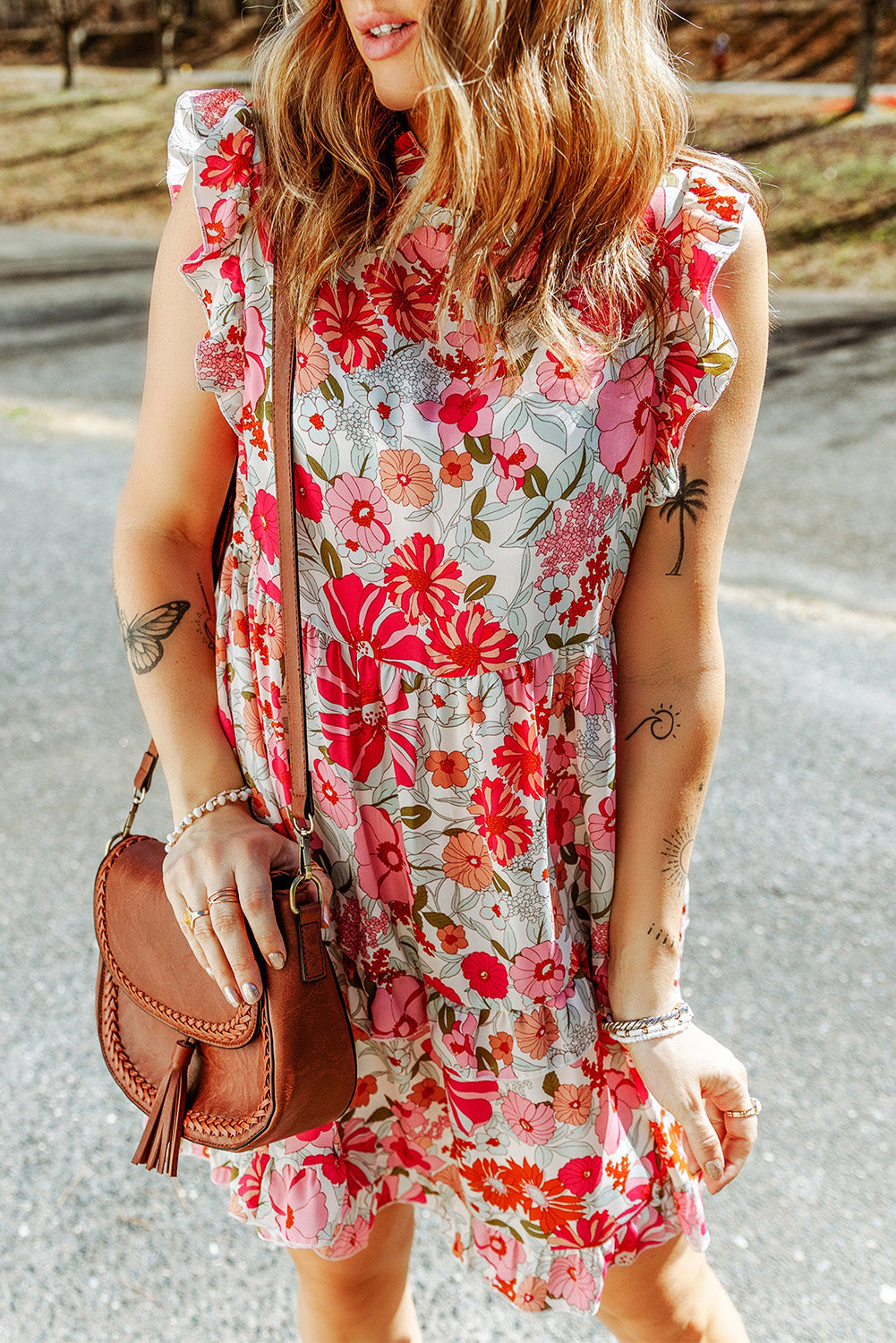 Ruffled Printed Boho Mock Neck Dress [Spirit and Rebel]   