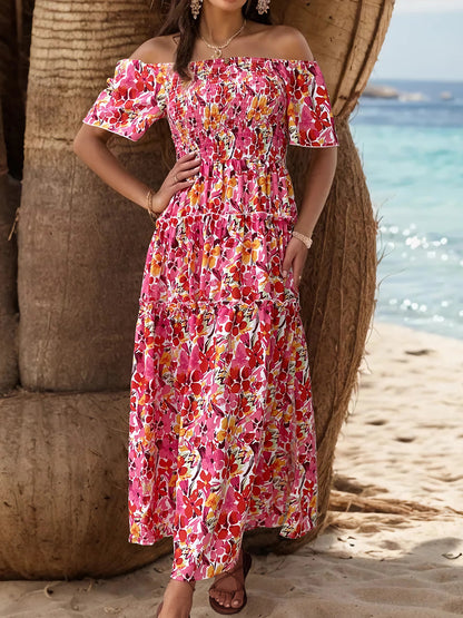 Slit Floral Off-Shoulder Short Sleeve Boho Dress [Spirit and Rebel]   