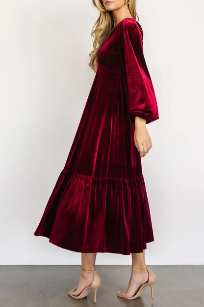 V-Neck Long Sleeve Midi Velvet Dress [Spirit and Rebel]