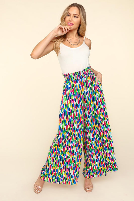 Smocked Waist Abstract Print Boho Pants - Spirit and Rebel [Spirit and Rebel] Navy/Green/Magenta S 