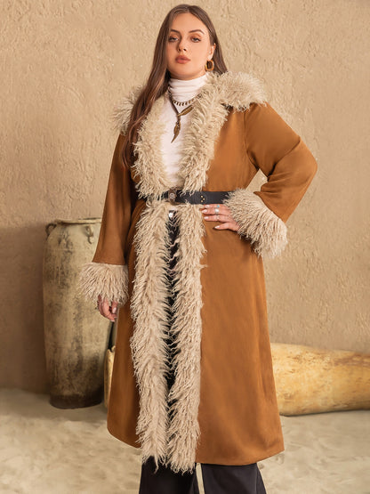 Boho Plus Size Open Front Long Sleeve Coat [Spirit and Rebel] Caramel 4XL