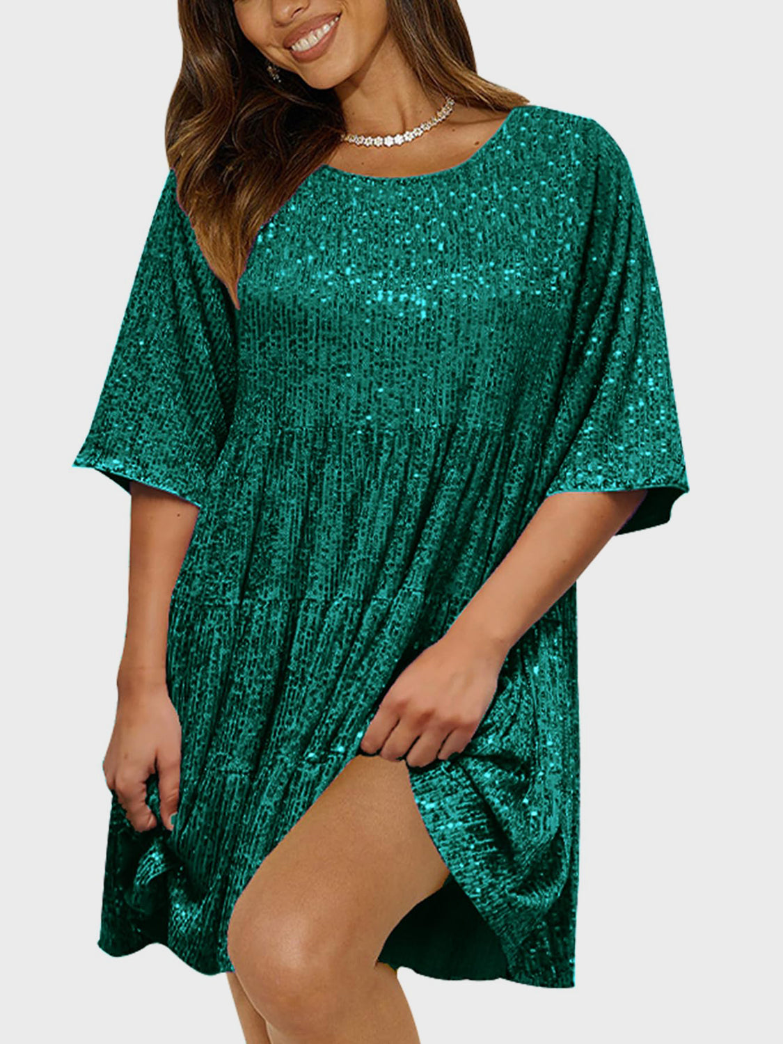 Plus Size Sequin Round Neck Half Sleeve Mini Boho Dress - Spirit and Rebel [Spirit and Rebel] Dark Green S 