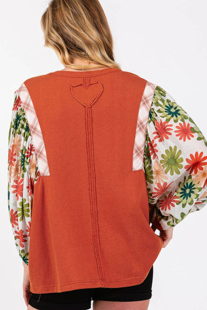 Printed Round Neck Balloon Sleeve Blouse [Spirit and Rebel]