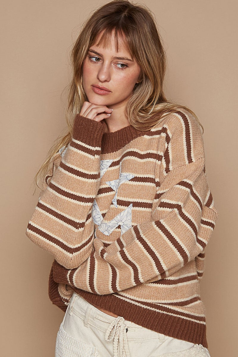 Spirit and Rebel Star Patch Stripe Round Neck Boho Sweater [Spirit and Rebel]   