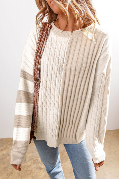 Cable-Knit Color Block Round Neck Boho Sweater - Spirit and Rebel [Spirit and Rebel] Dust Storm S 