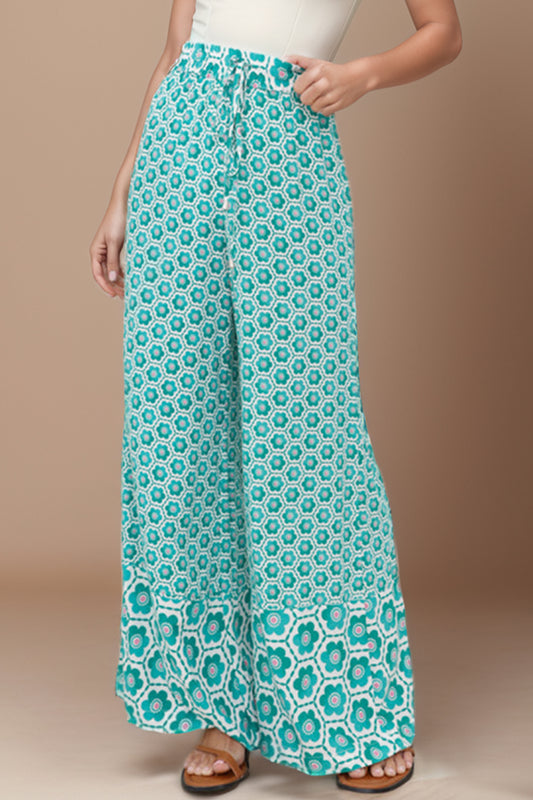 Printed High Waist Wide Leg Boho Pants - Spirit and Rebel [Spirit and Rebel] Turquoise S 