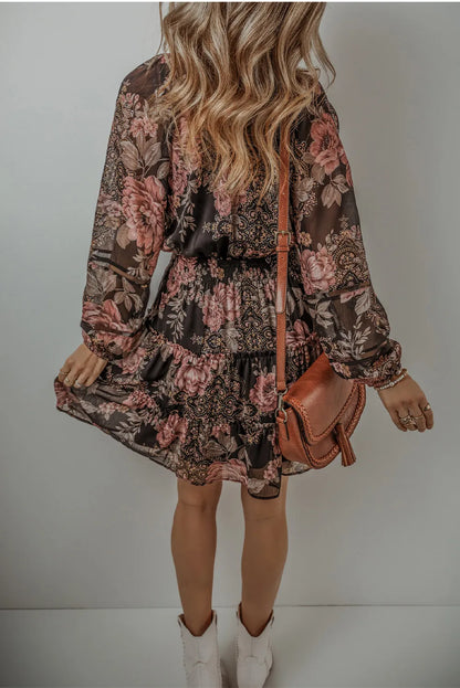 Printed Tie Neck Long Sleeve Mini Dress - Spirit and Rebel [Spirit and Rebel]   