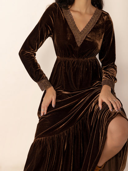 Spirit and Rebel Lace Detail V-Neck Long Sleeve Maxi Dress [Spirit and Rebel]   