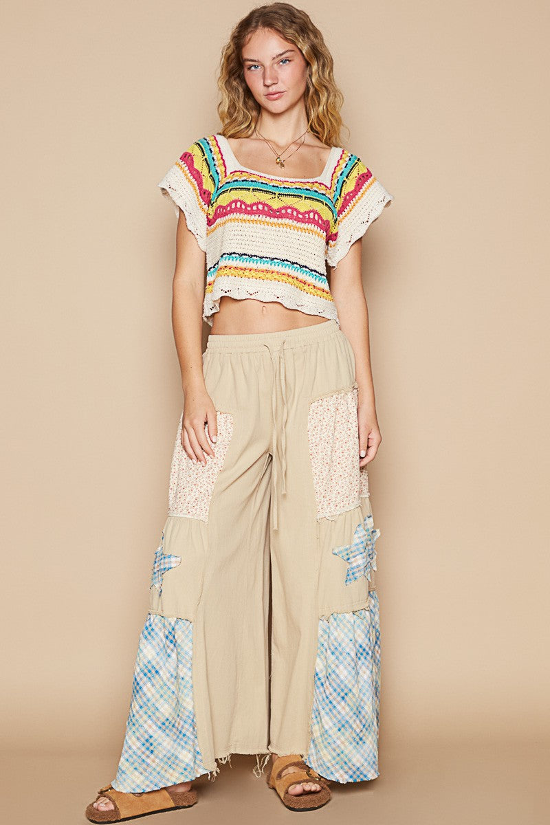 Openwork Ethnic Pattern Square Neck Cropped Knit Top