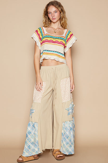 Openwork Ethnic Pattern Square Neck Cropped Knit Top