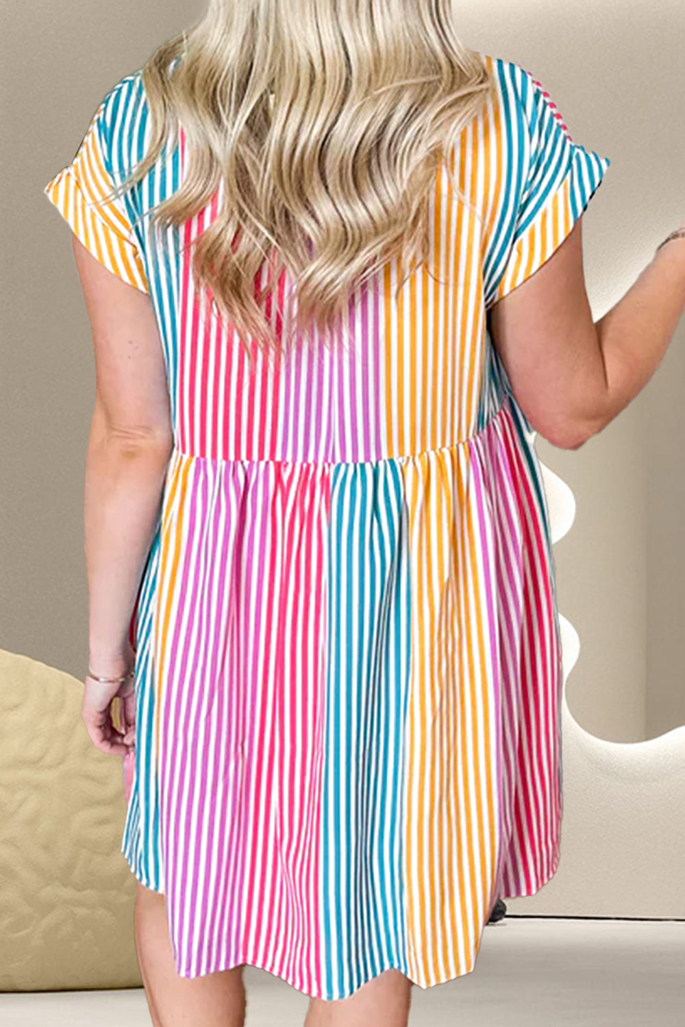 Striped Collared Neck Cap Sleeve Mini Boho Dress - Spirit and Rebel [Spirit and Rebel]   