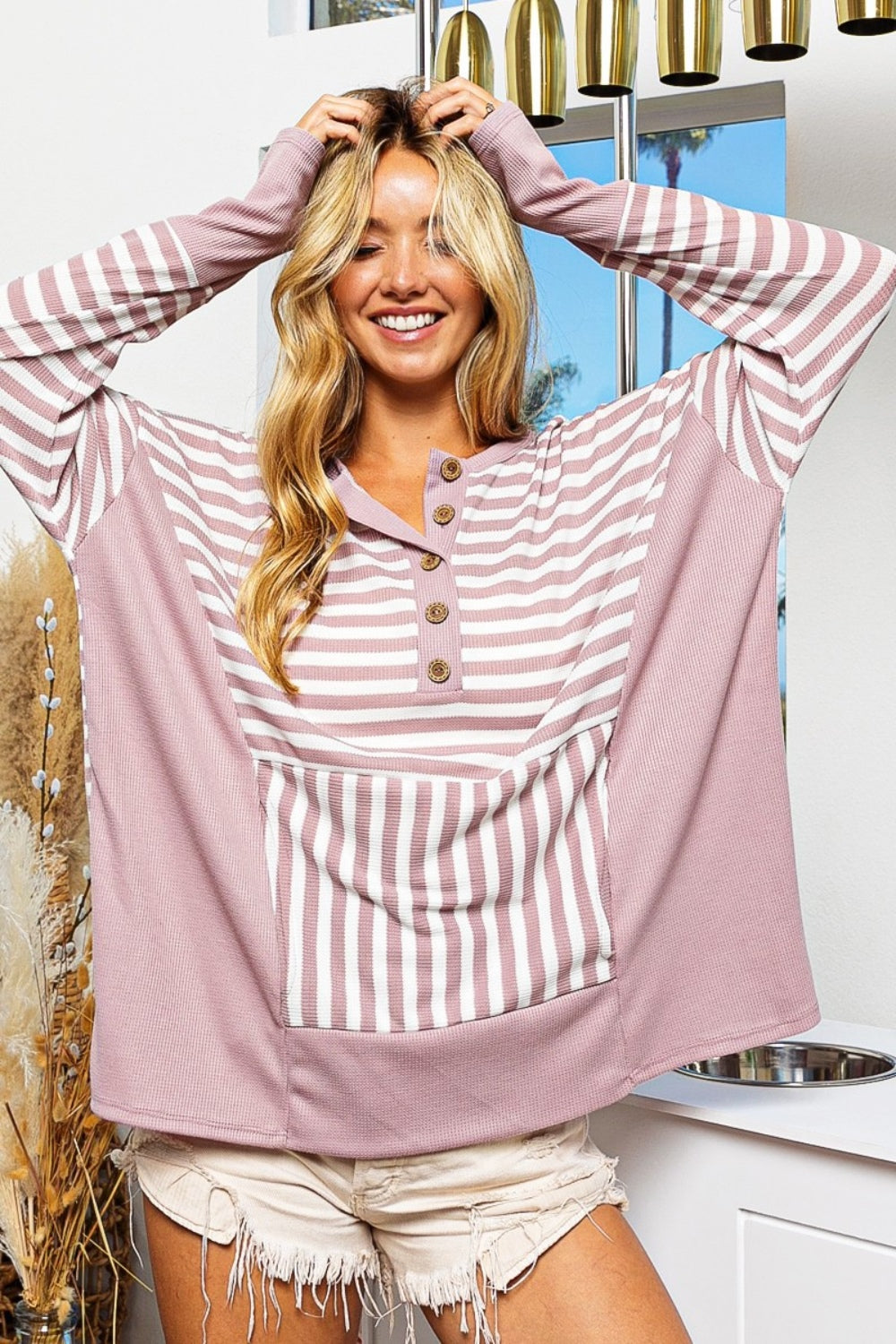 Striped Thumbhole Long Sleeve Boho Top - Spirit and Rebel [Spirit and Rebel] Mauve S 