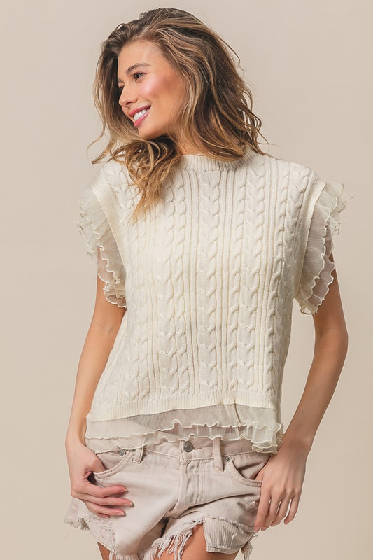 Layered Pleat Chiffon Edge Cable Knit Boho Top - Spirit and Rebel [Spirit and Rebel] Cream S 